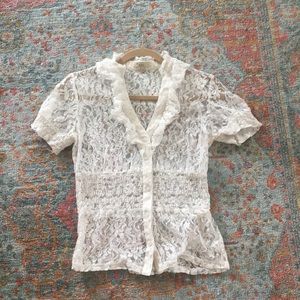 White lace sheer button up cinched waist top